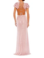 Sequin Flounce Shoulder Cut Out Gown