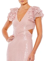 Sequin Flounce Shoulder Cut Out Gown