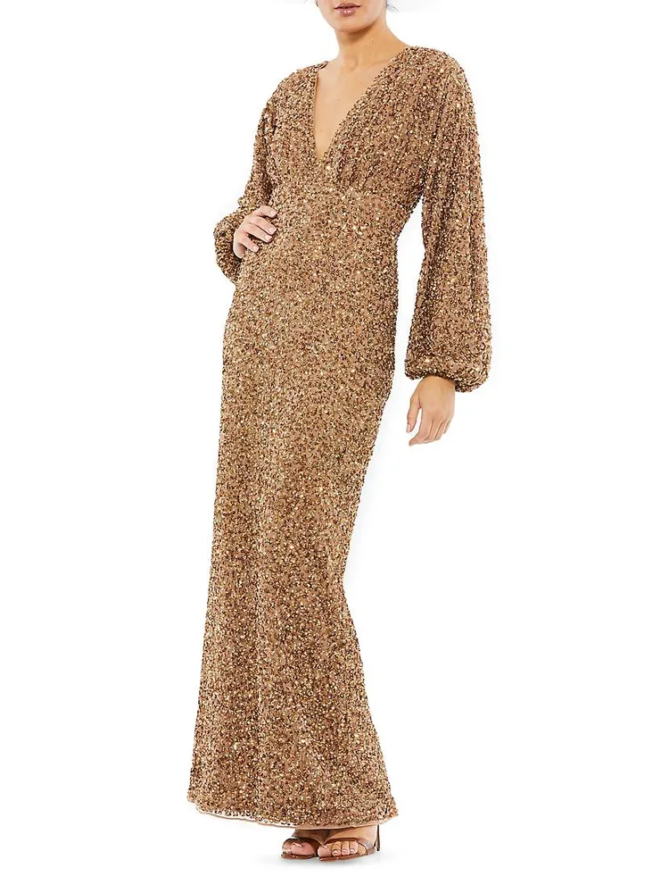 Sequined Bishop Sleeve Column Gown