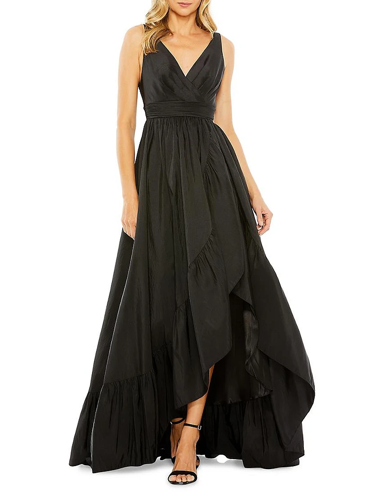 Satin Flounce V-Neck Gown