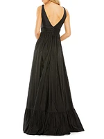 Satin Flounce V-Neck Gown