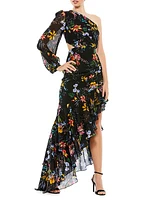 Ieena Floral Slit-Sleeve Asymmetric Gown