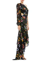 Ieena Floral Slit-Sleeve Asymmetric Gown