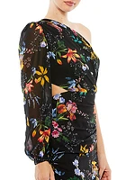 Ieena Floral Slit-Sleeve Asymmetric Gown