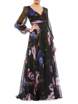 Long Sleeve Floral Chiffon Gown