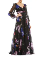 Long Sleeve Floral Chiffon Gown