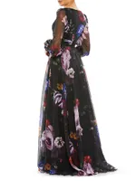 Long Sleeve Floral Chiffon Gown