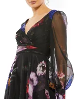 Long Sleeve Floral Chiffon Gown