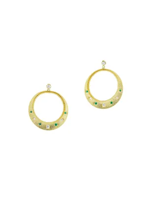 18K Yellow Gold, Emerald, & Diamond Ridged Drop Earrings