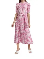 Pleated Belted Floral Midi-Dress