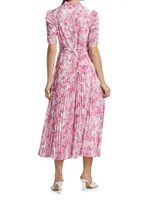 Pleated Belted Floral Midi-Dress