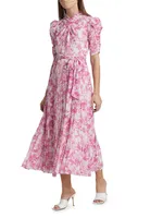 Pleated Belted Floral Midi-Dress