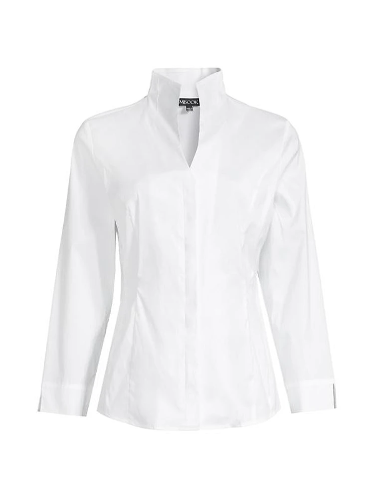 Stretch Cotton Button-Front Blouse