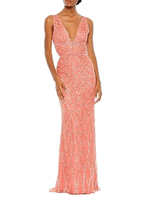 Embellished V-Neck Column Gown