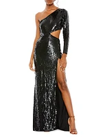 Ieena Sequin One-Shoulder Cut-Out Gown