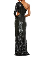 Ieena Sequin One-Shoulder Cut-Out Gown