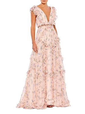 Floral Ruffled Cap-Sleeve Gown