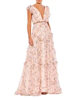 Floral Ruffled Cap-Sleeve Gown