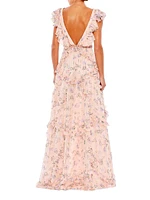 Floral Ruffled Cap-Sleeve Gown