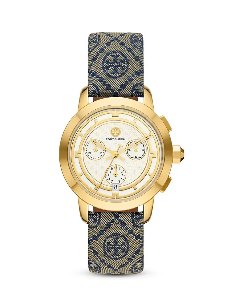 The Tory Goldtone, Jacquard & Leather Strap Watch/37MM
