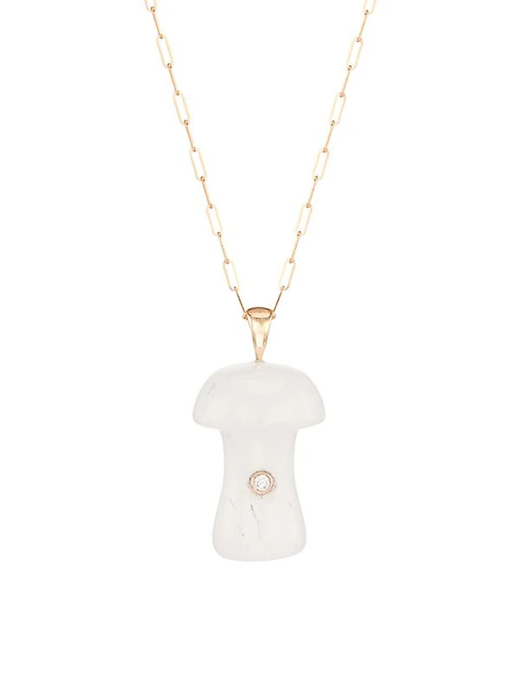 Power Crystals 14K Yellow Gold, Rose Quartz, & Diamond Mushroom Pendant Necklace