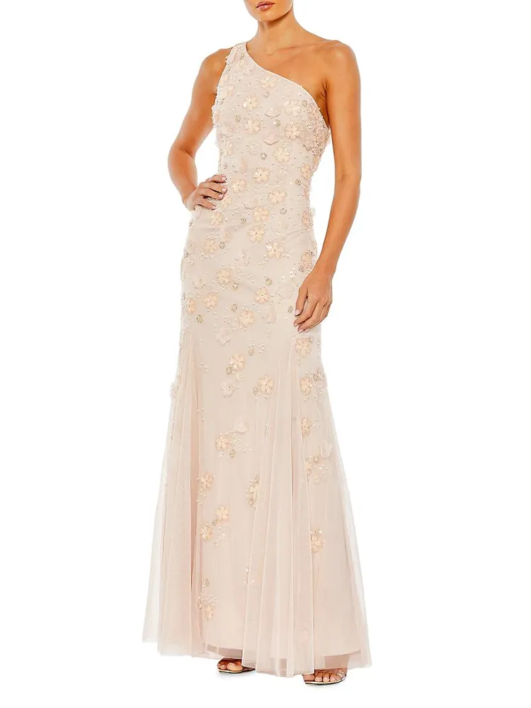 Floral Appliqué One-Shoulder Gown