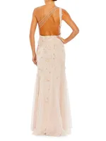 Floral Appliqué One-Shoulder Gown