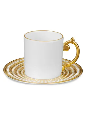 Limoges Porcelain Perlee& 24K Yellow Gold Espresso Cup & Saucer 2-Piece Set