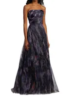 Printed Organza Strapless Gown