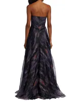 Printed Organza Strapless Gown