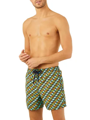 Smoked Fish Print Drawstring Swim Shorts