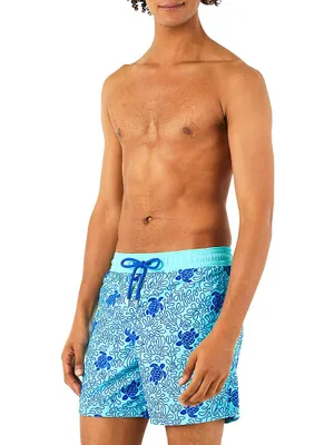 Flocked Turtle Splash Print Swim Shorts