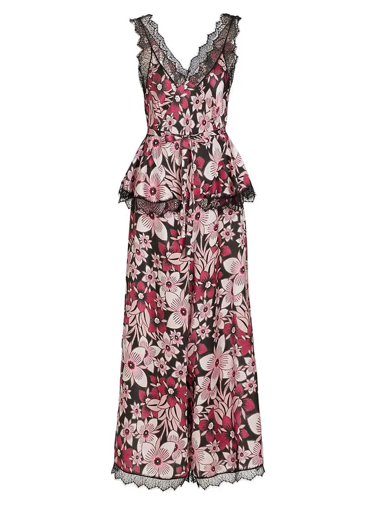 Floral Silk Satin & Chiffon WIde-Leg Jumpsuit