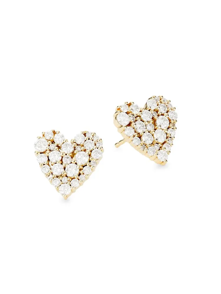 14K Yellow Gold & Diamond Cocktail Heart Stud Earrings