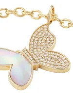 14K Yellow Gold, Mother-Of-Pearl, & Diamond Large Butterfly Pendant Necklace