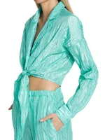 Crinkled Taffeta Tie Front Shirt