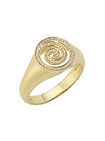 14K Yellow Gold & Diamond Spiral Signet Ring