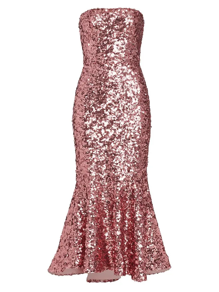 Metallic Strapless Tulip-Hem Gown