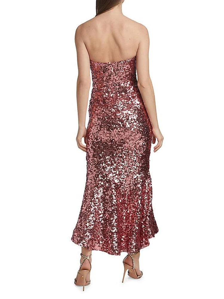 Metallic Strapless Tulip-Hem Gown