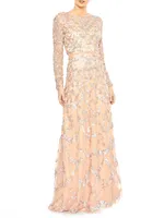 Bead & Sequin-Embellished A-Line Gown