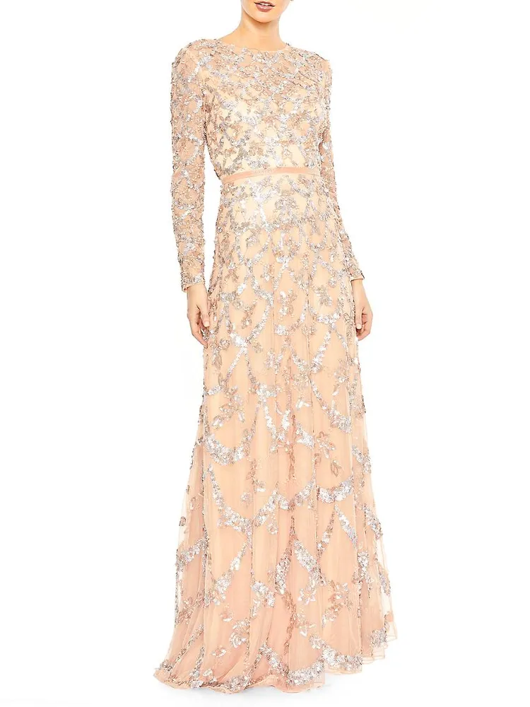 Bead & Sequin-Embellished A-Line Gown