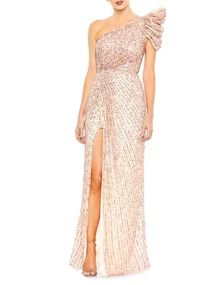 One-Shoulder Sequined Stripe Gown