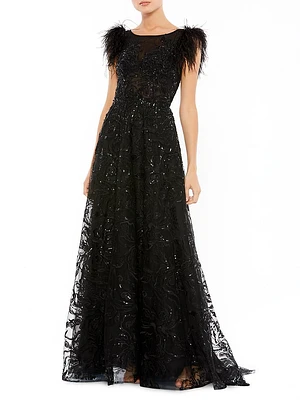 Feathered A-Line Gown