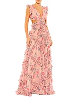 Floral Chiffon Cut-Out Gown