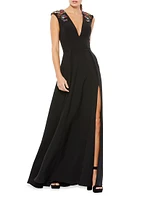 Crystal-Embellished V-Neck Gown