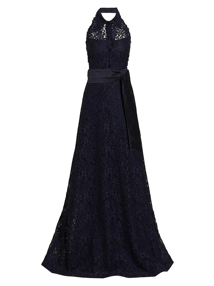 Floral Lace Collared A-Line Gown