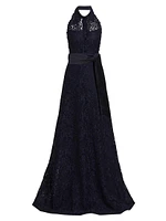 Floral Lace Collared A-Line Gown