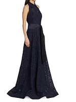 Floral Lace Collared A-Line Gown