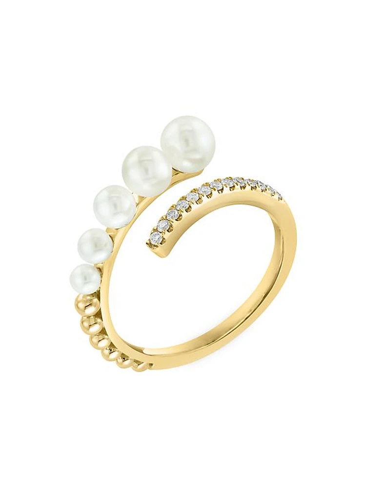 14K Yellow Gold, Diamond & Freshwater Pearl Bypass Ring