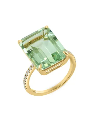 14K Yellow Gold, Green Amethyst & Diamond Ring